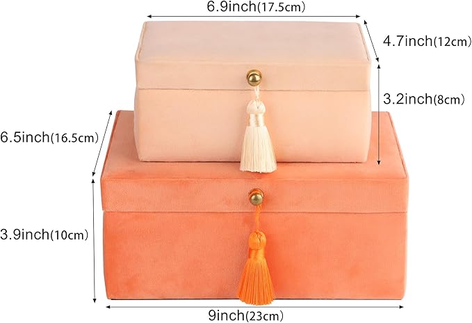 HofferRuffer Velvet Jewelry Boxes Decorative Boxes, Storage Accessory Organizer Boxes with Elegant Handle Decor, Classic Velvet Set of 2 Pieces (Orange)