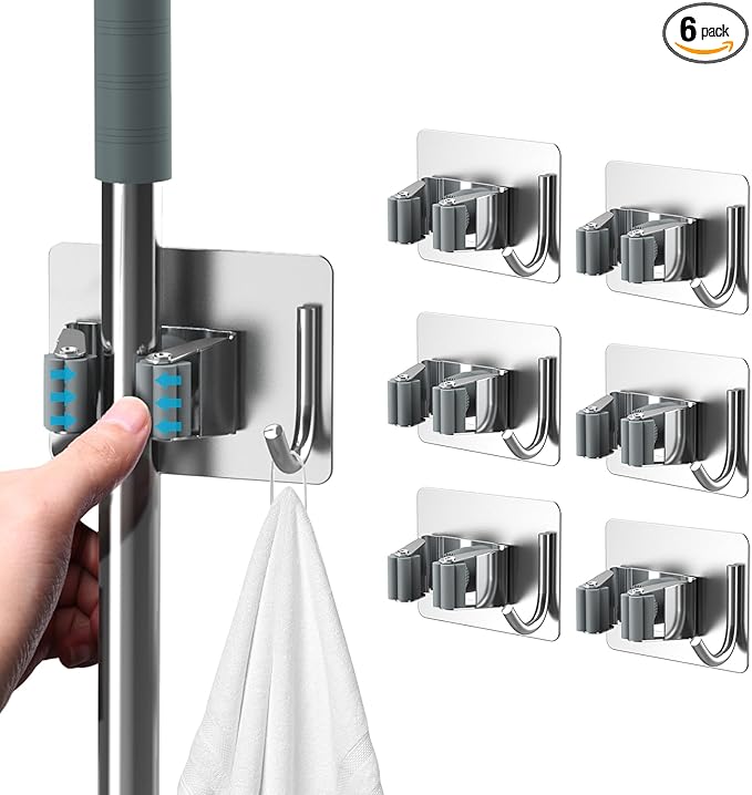 homeasy Mop Broom Holder No Drill, Mop Broom Organizer Wall Mounted Heavy Duty with Hooks Hanger, Self Adhesive Stainless Steel 6Pcs for Bathroom, Kitchen, Office (Silver)