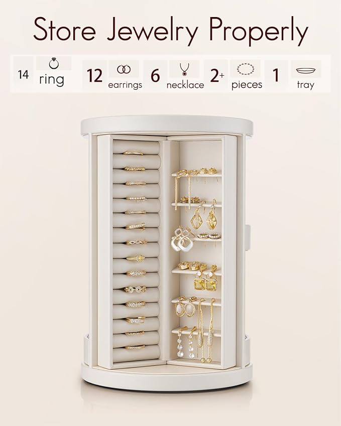 VLANDO 360°Rotating Jewelry Box,Earring Organizer Large Vertical Jewelry Organizer with 6 Necklace Hooks, Open Ring Display Storage for Women - Cream White