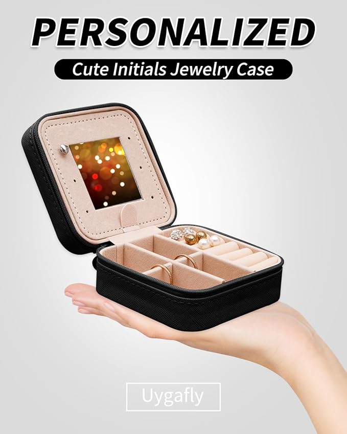 Uygafly Travel Jewelry Case - Personalized Jewelry Box for Women,Small Cute Jewelry Organizer Storage Aesthetic,Travel Essentials Birthday Gifts | Black,A