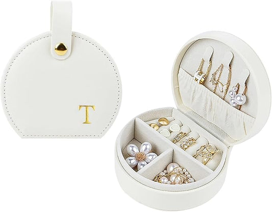 Travel Jewelry Case,Personalized Jewelry Box,Elegant Half-Moon Design with Personalized Golden Initial Case,Personalized Gifts for Women,Jewelry organizer;Personalized Gifts for Women or Friends(T)