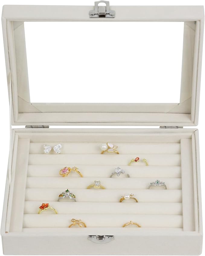 Fordonral Velvet Jewelry Organizer Box, Jewelry Drawer Organizers Trays, Earring Ring Necklace Holder Display Case (Beige, Ring Box)