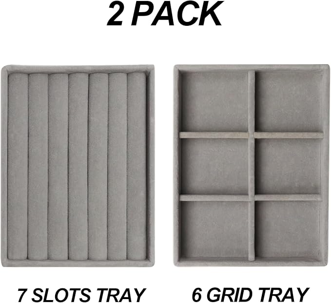 Fordonral Velvet Jewelry Organizer Box, Jewelry Drawer Organizers Trays, Earring Ring Necklace Holder Display Case (Gray, Ring+6 Grid Trays)