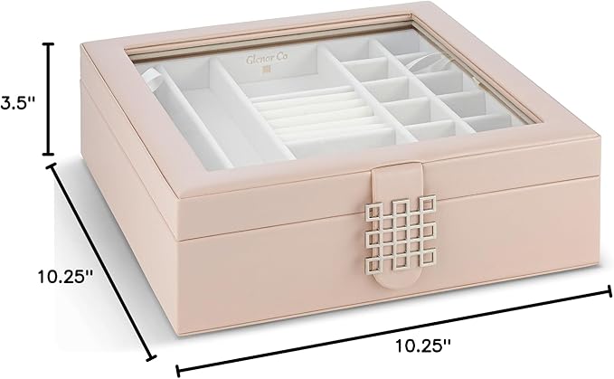 Glenor Co 28 Section Jewelry Box - 2 Layer - Buckle Snap & Magnet Closure - Large Glass Top - Leather Design - Sand - Jewelry Organizer for Women & Girls - for Earring Ring Necklace & Bracelet
