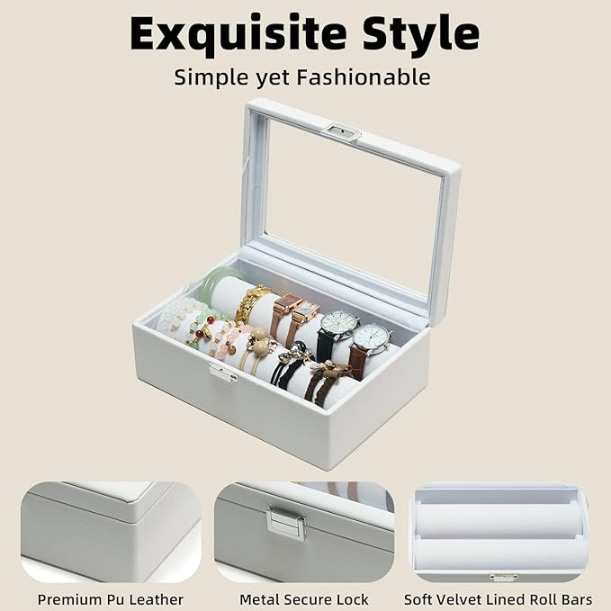 Bracelets Organizer Rods Bangles Display Holder, Clear See through Lid Leather Velvet Jewelry Storage Box Case for Women, 2 Rods White Leather