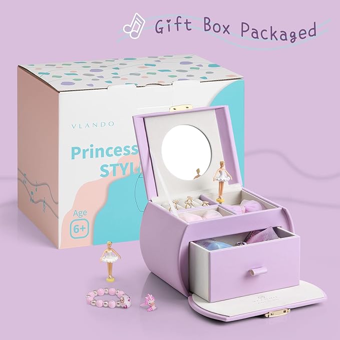 VLANDO Kids Musical Jewelry Box for Girls with Drawer, Music Box with Ballerina and Stickers for Birthday Bedroom Decor, Gifts for Girls Kids Christmas Thanksgiving Gifts 2024 - Purple