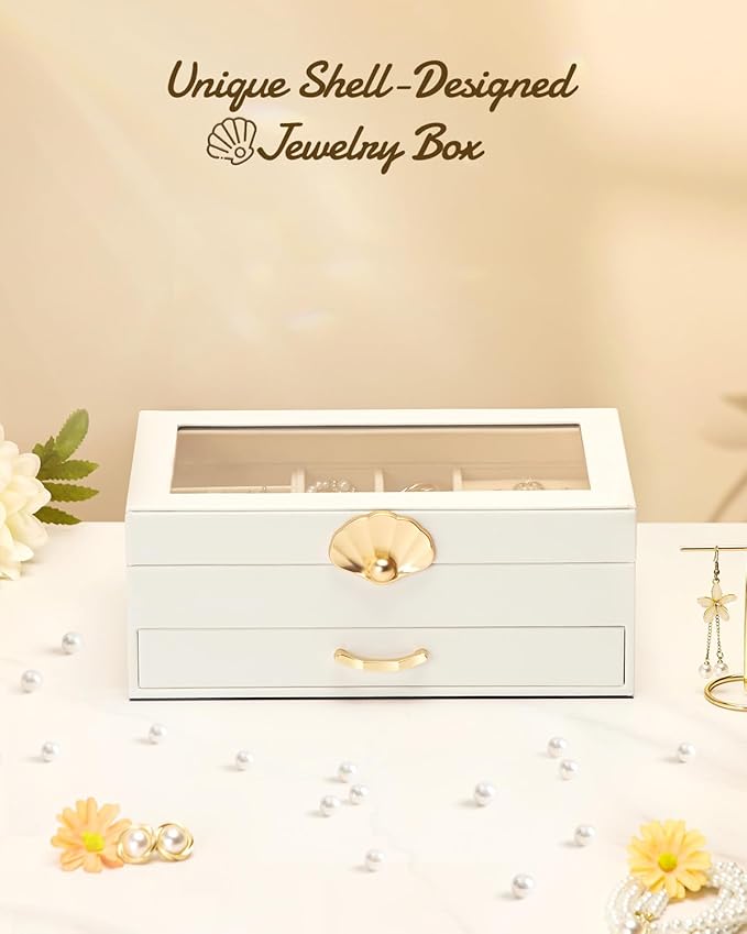 Enthralite Jewelry Box with 1 Drawer: Display Organizer for Earrings Necklaces - Gift for Girls Women (White)