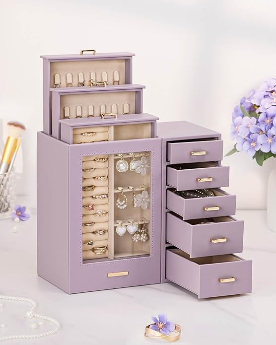 Homde Large Jewelry Box/Organizer/Case with Glass Window, Drawers for Necklaces Earrings Rings Bracelets Watches Gift for Women Girls