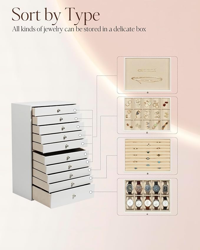 GUKA Large Jewelry Box, Jewelry Case with 10 Drawers for Big and Small Jewelry, Jewelry Storage Organizer for Watch Earrings Necklace Rings Bracelets, Birthday Wedding Gifts, White