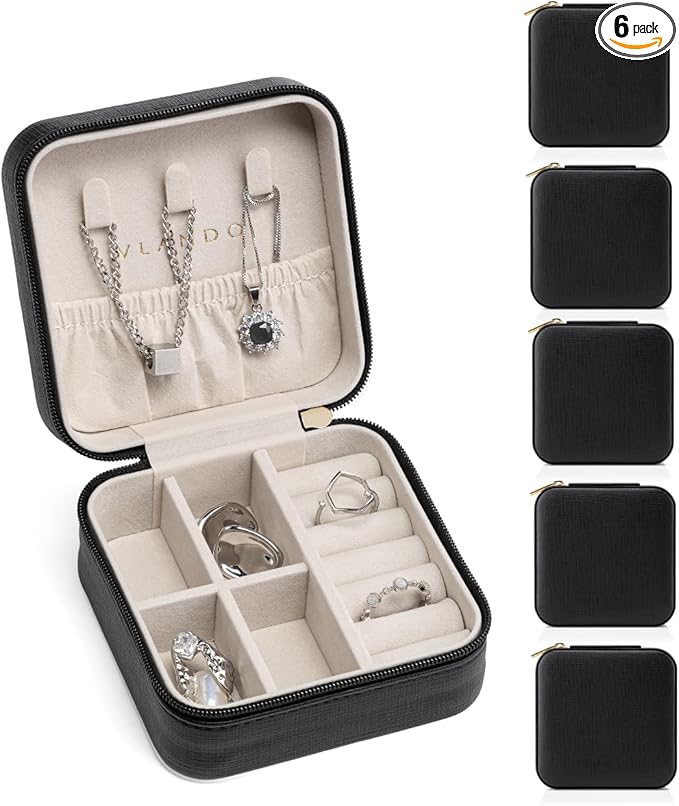 VLANDO Travel Jewelry Box, Small Jewelry Travel Organizer Case for Girls Women - Black*6 pack