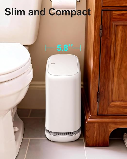 2.3 Gallon Slim Small Bathroom Trash Can with Lid, White Dog Proof Garbage Can with Air-Press Bag Expander & Removable Bucket, Narrow Bathroom Waste Basket for Bedroom, Office, Dorm