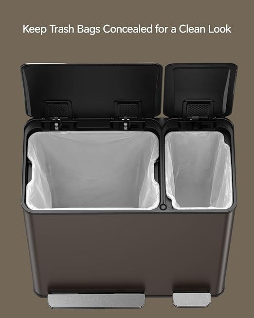 Lovewind Dual Trash and Recycling Bins for Kitchen, 13+6 Gallon Stainless Steel Garbage and Recycle Bin Combo for Large Families, Dual Trash Can with Soft Close Lid & Magnetic Stickers, Brown