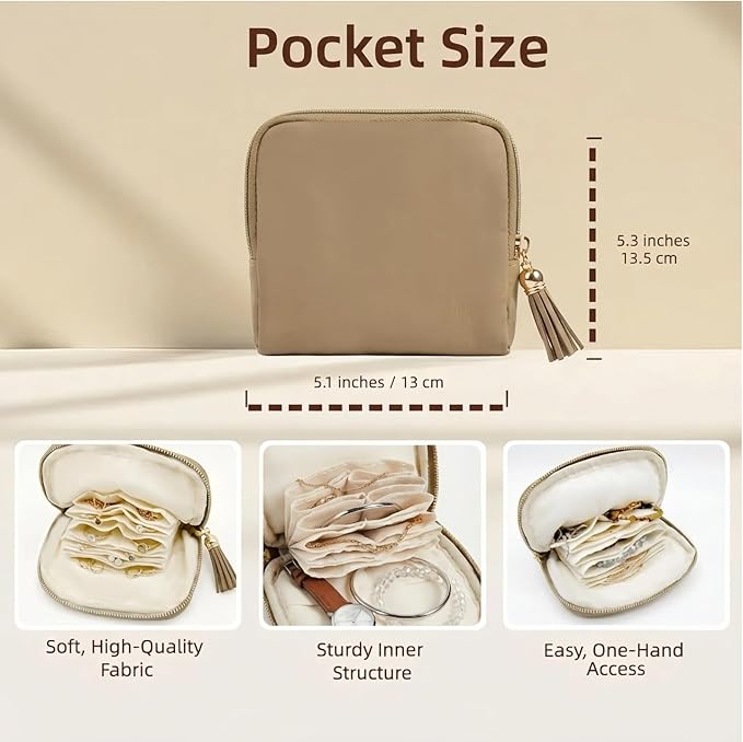 Mini Travel Jewelry Case, Small Jewelry Organizer, Jewelry Travel Case for Women, Portable Travel Jewelry Organizer Bag, Travel Jewelry Box – 5.3 × 5.1 inches (Sand Brown)