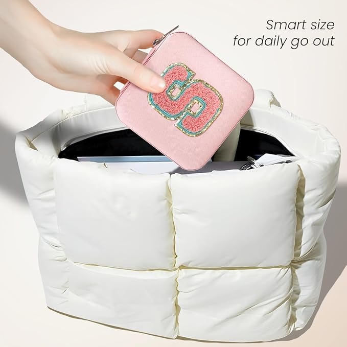 SANDJEST Personalized Jewelry Box, Pink Travel Jewelry Box with Initial S, Small Monogrammed Jewelry Case Organizer for Girls Women Teen Kids, Mini Travel Essentials Gifts for Birthday Christmas