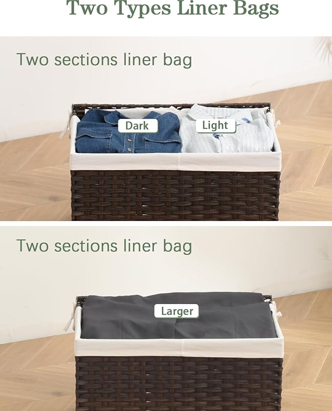 SETVSON Storage Basket with Lid Wicker Baskets for Storage with 2 Separate Lid 42.3 Gallon (160 L) 29.9 x 17.3 x 18.1 Inches Rattan Woven Large Wicker Basket with 2 Liners for Bedroom Laundry Brown