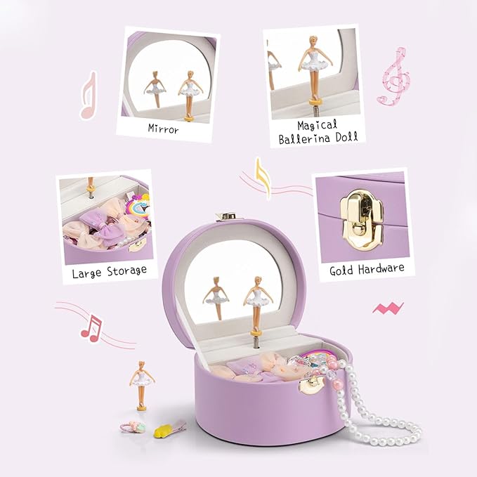 VLANDO Musical Jewelry Box for Girls, Small Kid Music Box with Ballerina for Party Bedroom Decor, Bithday Gift for Girl - Purple