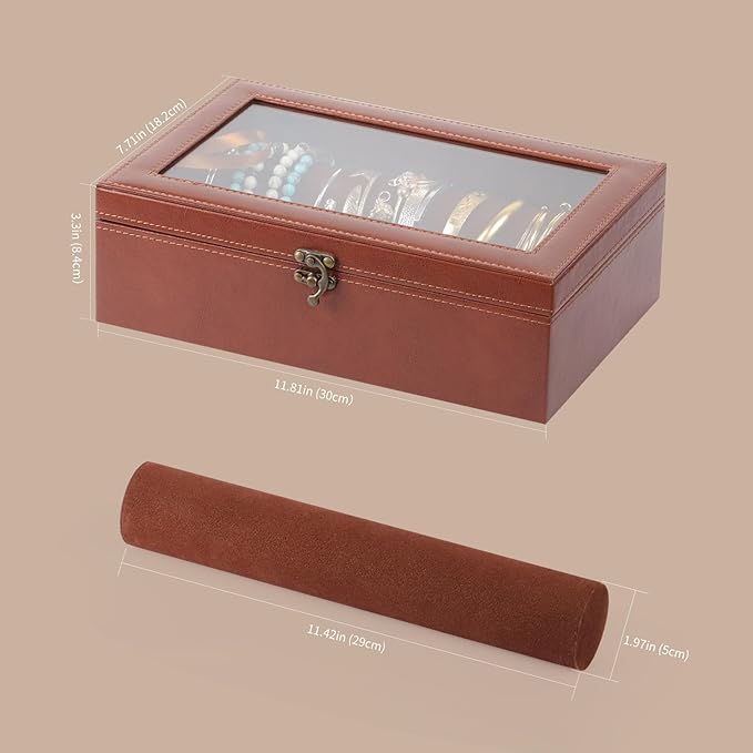 AUTOARK Bracelet & Watch Storage Box with Glass Lid & 2 Anti-Roll Rods,PU Leather Jewelry Case,Soft Lined Locking Organizer for Women,Gift for Dresser & Cabinet Display,Coffee,MKAW143