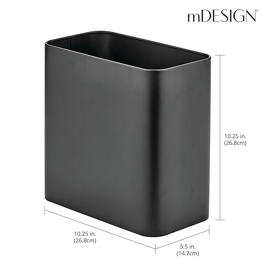 mDesign Small Metal 2.4 Gallon/9 Liter Trash Can Wastebasket Garbage Bin for Bathroom, Slim Rubbish Waste Bin Trashcans - Mirri Collection - Black