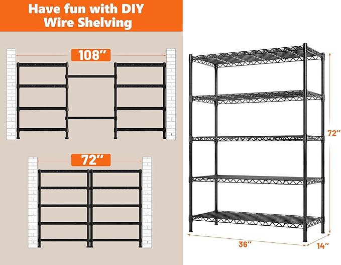 REIBII 72''H Metal shelving 5 Tire Storage Shelves for Garage Shelving Adjustable Wire Shelving Rack Heavy Duty Shelving Unit for Kitchen, Pantry, Laundry Room, Garage, Commercial, 72''H X36''W X14''D