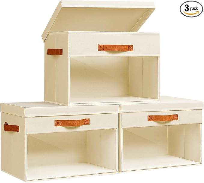Homsorout Large Storage Bins with Lids - 3 Pack Foldable Decorative Organizers with Clear Windows & Handles, Cube Storage Organizers for Clothes, Blankets, Sweaters, Sheets, Beige