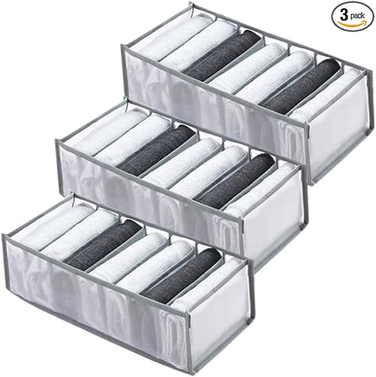 Wardrobe Clothes Organizer 7 Grids Portable Closet Organizer Mesh Separation Storage Box Foldable Closet Drawer Organizer for Underwear Socks Scarves Leggings (Grey, 3 Leggings Grid)