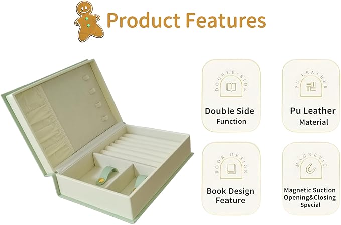PU Leather Book Jewelry Organizer Box with Magnetic Closure, Stylish Jewelry Box for Women and Girls, Travle Jewelry Case for Rings Necklaces Earring (Aqua)