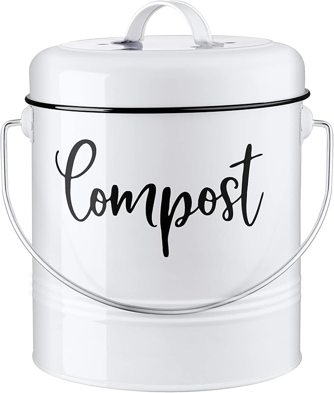 DAYYET Compost Bin Kitchen, 1.3 Gallon Farmhouse Kitchen Compost Bin Countertop, Indoor Countertop Compost Bucket with Lid and Charcoal Filters, White