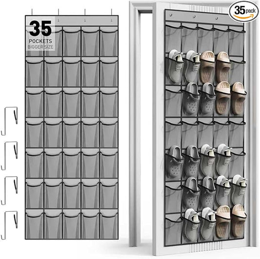 WVM Over the Door Shoe Organizer with 35 Breathable Mesh Pockets, Hanging Shoe Organizer for Door with 4 Metal Hooks, Large Capacity Closet Storage for Shoes, Accessories, Grey