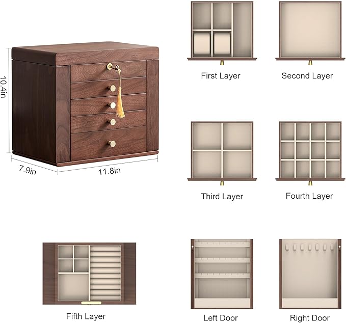 CHOSIN Black Walnut Wooden Jewelry Box for Women with Mirror, 5 Drawers and 2 Side Doors for Watches, Necklaces, Rings, Earrings Storage, Mothers Day Gifts for Mom