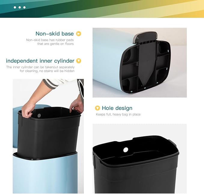 FDW | 13 Gallon Trash Can with Lid | Blue | Fingerprint-Proof | Made of Brushed Stainless Steel | Soft-Close Step Pedal | Hands-Free Use | Easy to Clean | for Kitchen, Office, Bathroom