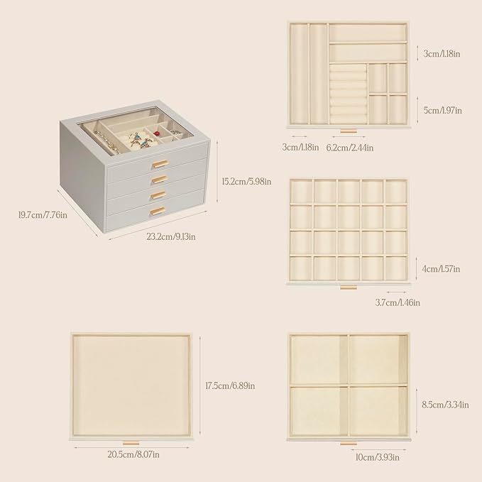 Jewelry Box with Glass Lid, 4-Layer Jewelry Organizer for Women Girls, PU Leather Display Case with 20-Grid Earring Tray & Movable Dividers for Necklaces Rings,Grey