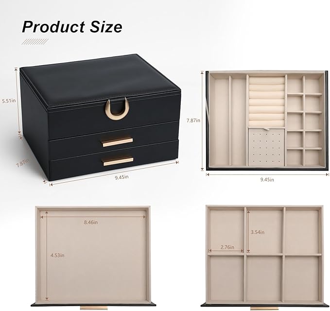 Women's Luxury Jewelry Armoire with Mirror - Compact 2-Drawer Chest with Ring Rolls & Necklace Hooks, Ideal Gift for Women Black
