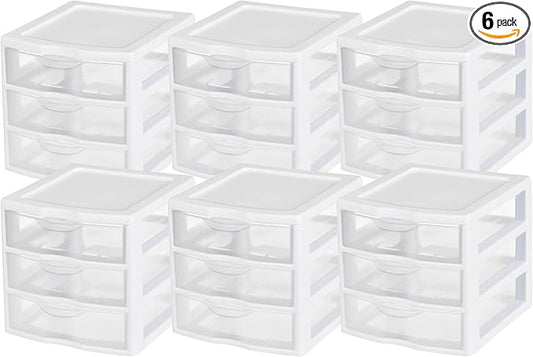 Sterilite Clearview Plastic Multipurpose Small 3 Drawer Desktop Storage Organization Unit for Home, Classrooms, or Office Spaces, White, 6 Pack