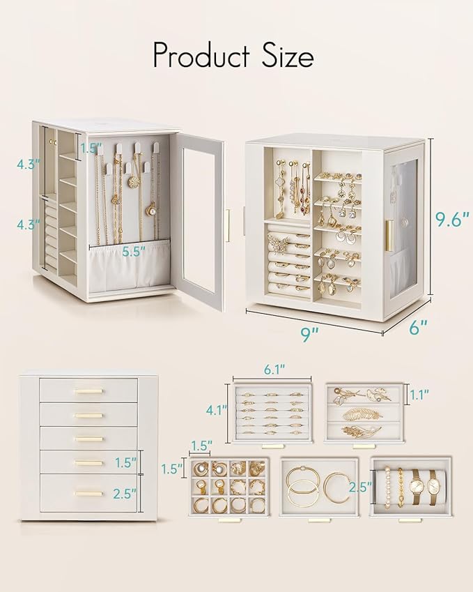 VLANDO 360ｰ Rotating Jewelry Box with 5 Drawers, Mothers Day Mom Gifts, Large Jewelry Storage with 2 Glass Window, PU Leather Jewelry Organizer for Bracelets, Necklaces, Earrings, Rings - Cloud White