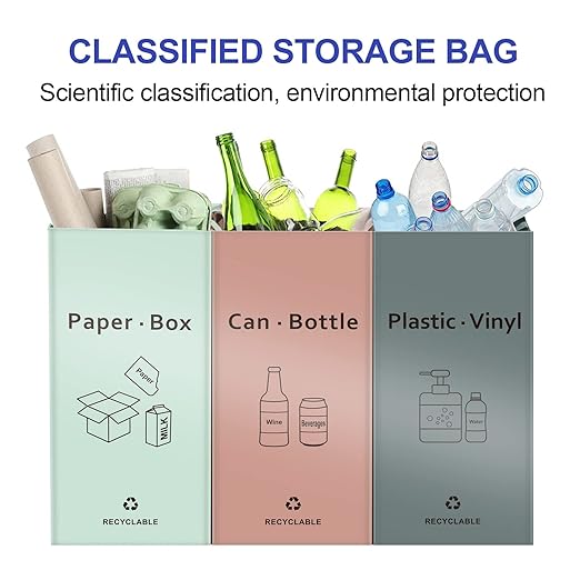 JIALAI HOME Separate Recycling Bin for Kitchen Home - Indoor Recycle Bins (Pink, Green, Gray) Waste Trash Sorting Bins, Reusable Waterproof Affordable Recycle Bags, Pack of 3 Bags