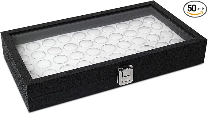 MOOCA Glass Top Jewelry Display Case with Removable 50 Gem Jars, Removable Liner, Ring, Earring Diamond Showcase, Gem Box, Jewelry Organizer, Leatherette-Wrapped Case