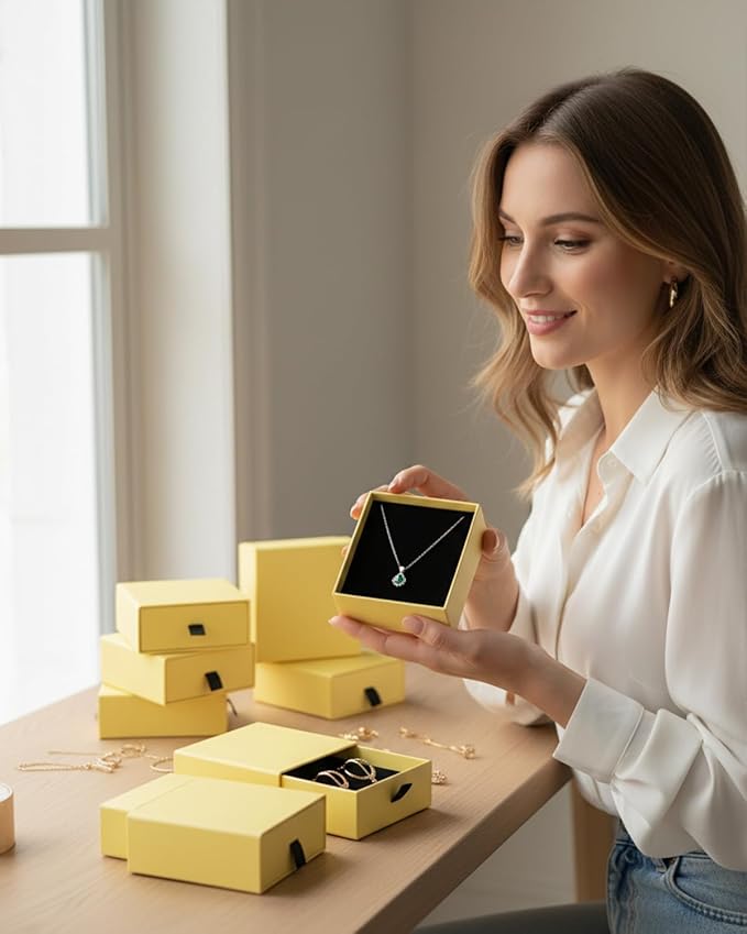 Jewelry Gift Box Velvet-Lined, 12 Pack Compact Drawer Style for Earrings & Rings, Necklace & Bracelet Organizer, Stackable Jewelry Display & Storage Box, Elegant Jewelry Storage (Yellow)