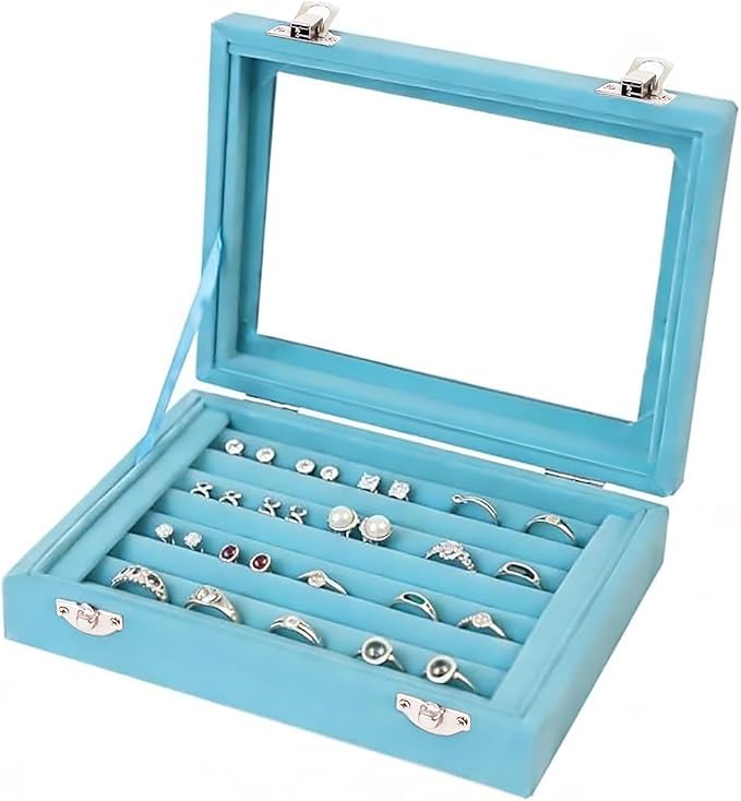 Jewelry Box Rings Organizer Tray 7 Slots Velvet Jewelry Earring Storage Box With Transparent Lid Jewelry Display Case for Girls Women (Light Blue)
