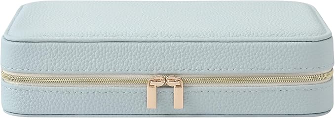 Genuine Leather Travel Jewelry Organizer Case Box with Mirror for Women, Small Mini Portable Jewelry Box for Ring Earrings Necklace Bracelet Luxury Gift for Women（Light Blue）
