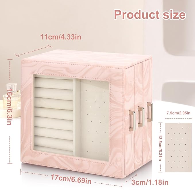 DesignSter Jewelry Box Organizer, Jewelry Box for Women, PU Jewelry Organizer Display Case with Side Drawers, Jewelry Storage for Earring Necklace Ring Bracelet Watch
