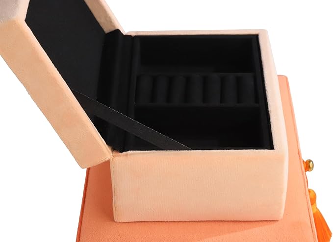 HofferRuffer Velvet Jewelry Boxes Decorative Boxes, Storage Accessory Organizer Boxes with Elegant Handle Decor, Classic Velvet Set of 2 Pieces (Orange)