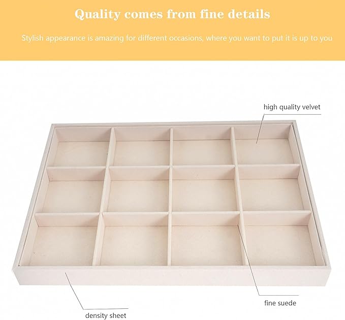 Large Velvet Jewelry Tray, Drawer Organizer for Jewelry in Dresser, Stackable Jewelry Drawer Organizer Inserts for Earring Necklace Bracelet Rings(Beige,12grid)