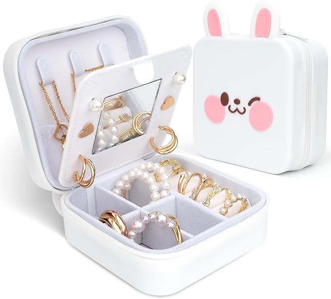 Cute Bunny Travel Jewelry Case with Mirror, Silicone Portable Small Mini Jewelry Organizer Box for Women Girls Mom, Wedding, Birthday Gift - White