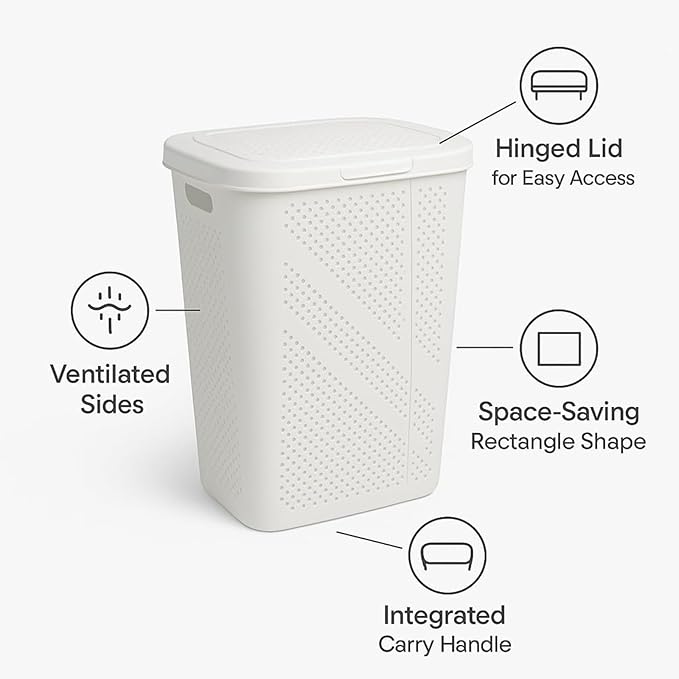 Slim Laundry Hamper with Lid, 60L Clothes Basket, Plastic laundry basket,for Home Storage Clothes Organizer, Laundry Room, College Dorm White
