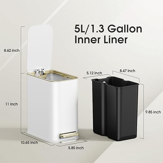 Small Bathroom Trash Can with Lid Soft Close, 5L / 1.3 Gallon Slim Garbage Can with Removable Inner Bucket, Step Stainless Steel Trash Bin for Office, Bathrooms, Bedroom, Living Room (White)