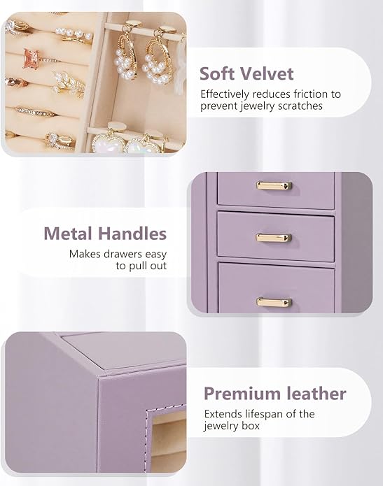 Homde Large Jewelry Box/Organizer/Case with Glass Window, Drawers for Necklaces Earrings Rings Bracelets Watches Gift for Women Girls