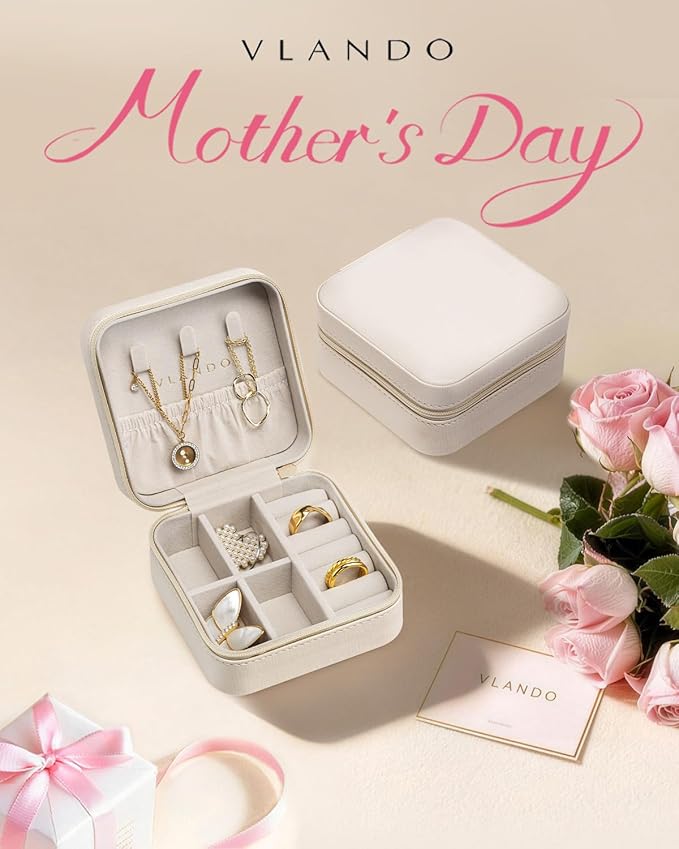 VLANDO Wedding Bridesmaid Gifts - Mothers Day Gifts - Small Jewelry Travel Organizer, Travel Jewelry Case for Ring, Earring, Necklace, Bracelet - Milky White