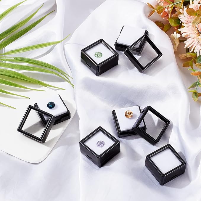 BENECREAT 36 Pcs Black Gemstone Display Box Plastic Transparent Bare Stone Box Black Square Jewelry Box 1.16x1.16x0.65 Suitable for Gemstone, Jewelry, Crystal Diamond Accessories Display