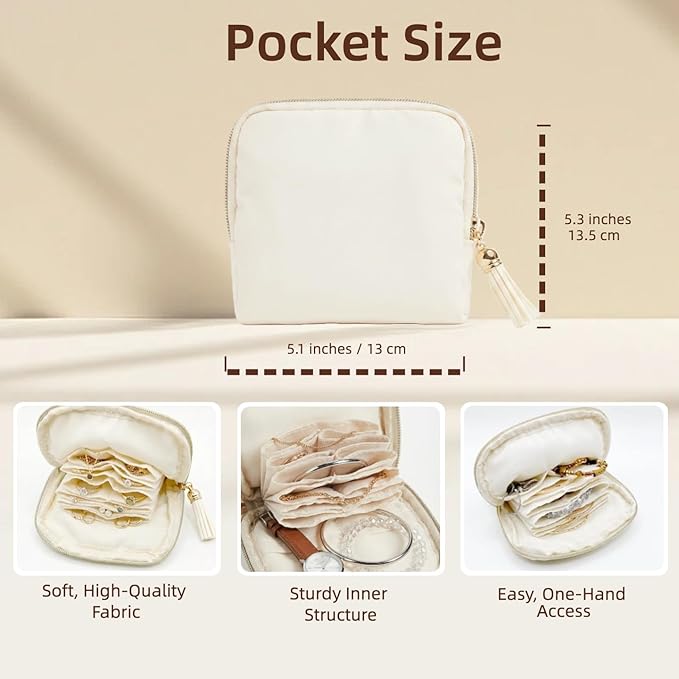 Mini Travel Jewelry Case, Small Jewelry Organizer, Jewelry Travel Case for Women, Portable Travel Jewelry Organizer Bag, Travel Jewelry Box – 5.3 × 5.1 inches (Ivory)