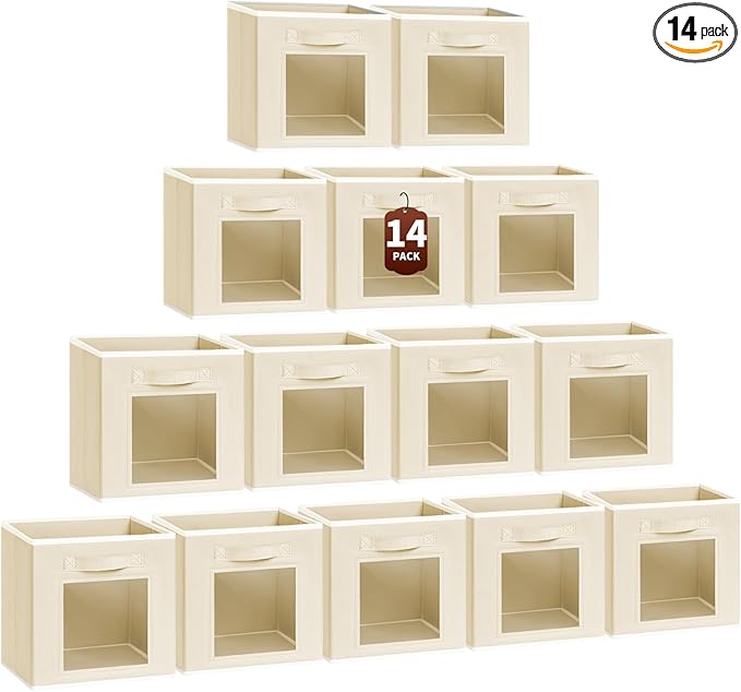 Homsorout Storage Cube 11 Inch - Cube Storage Bins with Window, Closet Storage Baskets with Handle, Fabric Bins for Closet, Shelves, Toys, Clothes, Set of 14, Beige